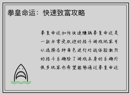 拳皇命运：快速致富攻略